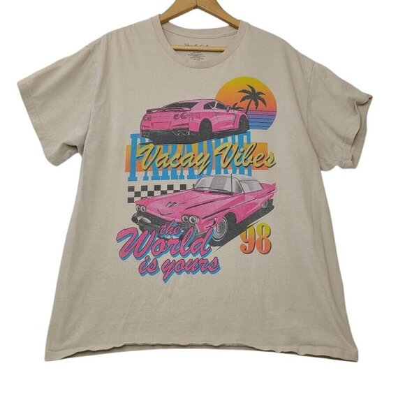 Popular Girl Tops - Popular Girl Vacay Vibes 98 Retro Car Graphic T-Shirt L Beige